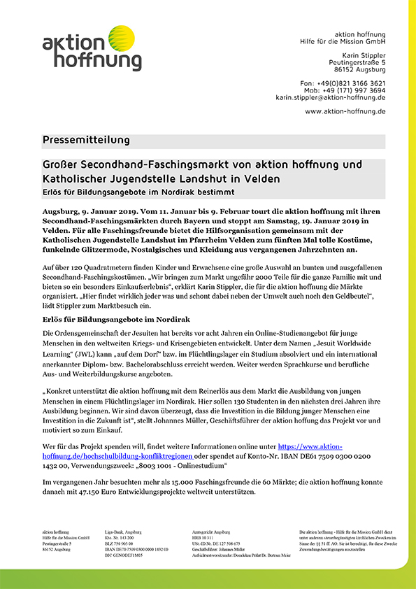 Pressemitteilung zum Secondhand-Faschingsmarkt in Velden, 2019