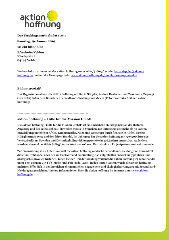 Pressemitteilung zum Secondhand-Faschingsmarkt in Velden, 2019