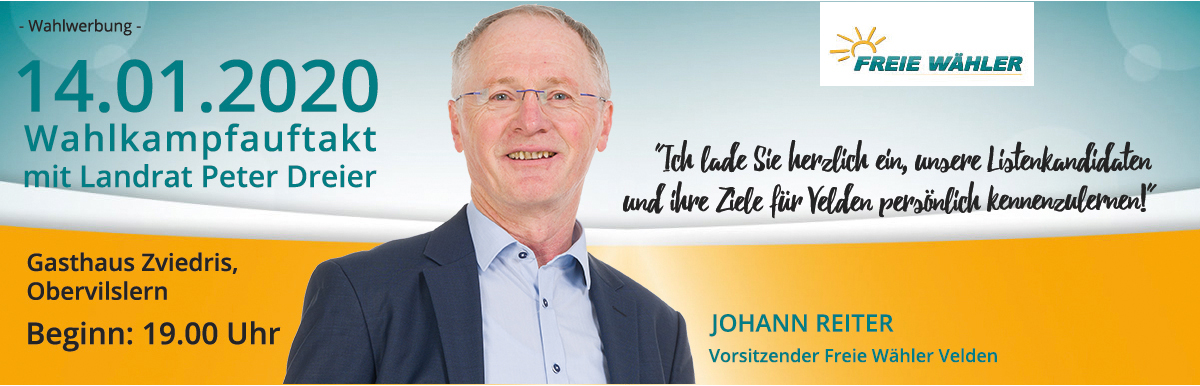 Werbebanner Auftaktveranstaltung Freie Wähler Velden am 14.01.2020 in Obervilslern, Gasthaus Zviedris