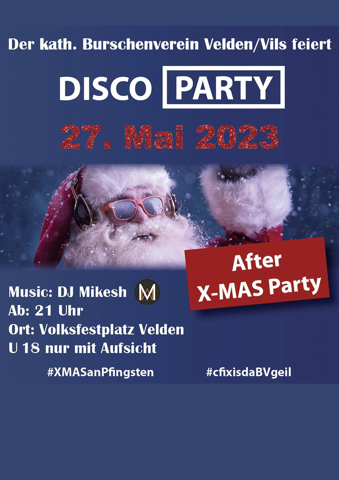 Plakat zur XMas-Party des Burschenvereins Velden im Mai 2023
