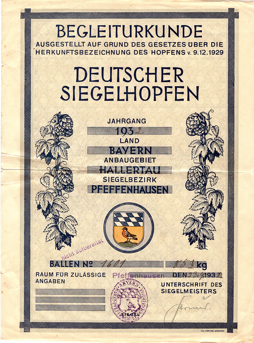 Begleiturkunde_Deutscher-Siegelhopfen-Hallertau-Siegelbezirk-Pfeffenhausen_9-12-1929