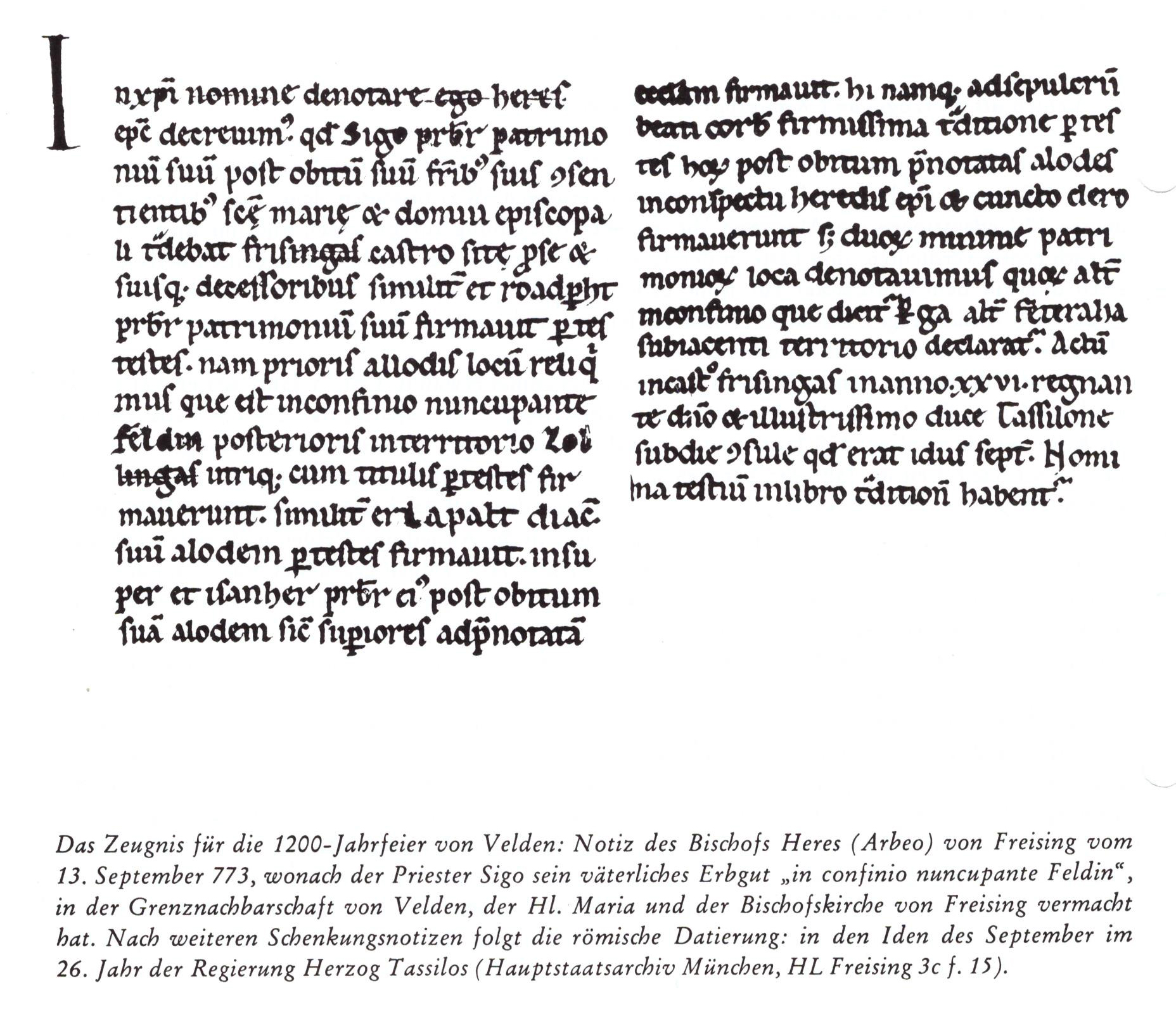 Notiz des Bischofs Heres von Freising vom 13. September 773