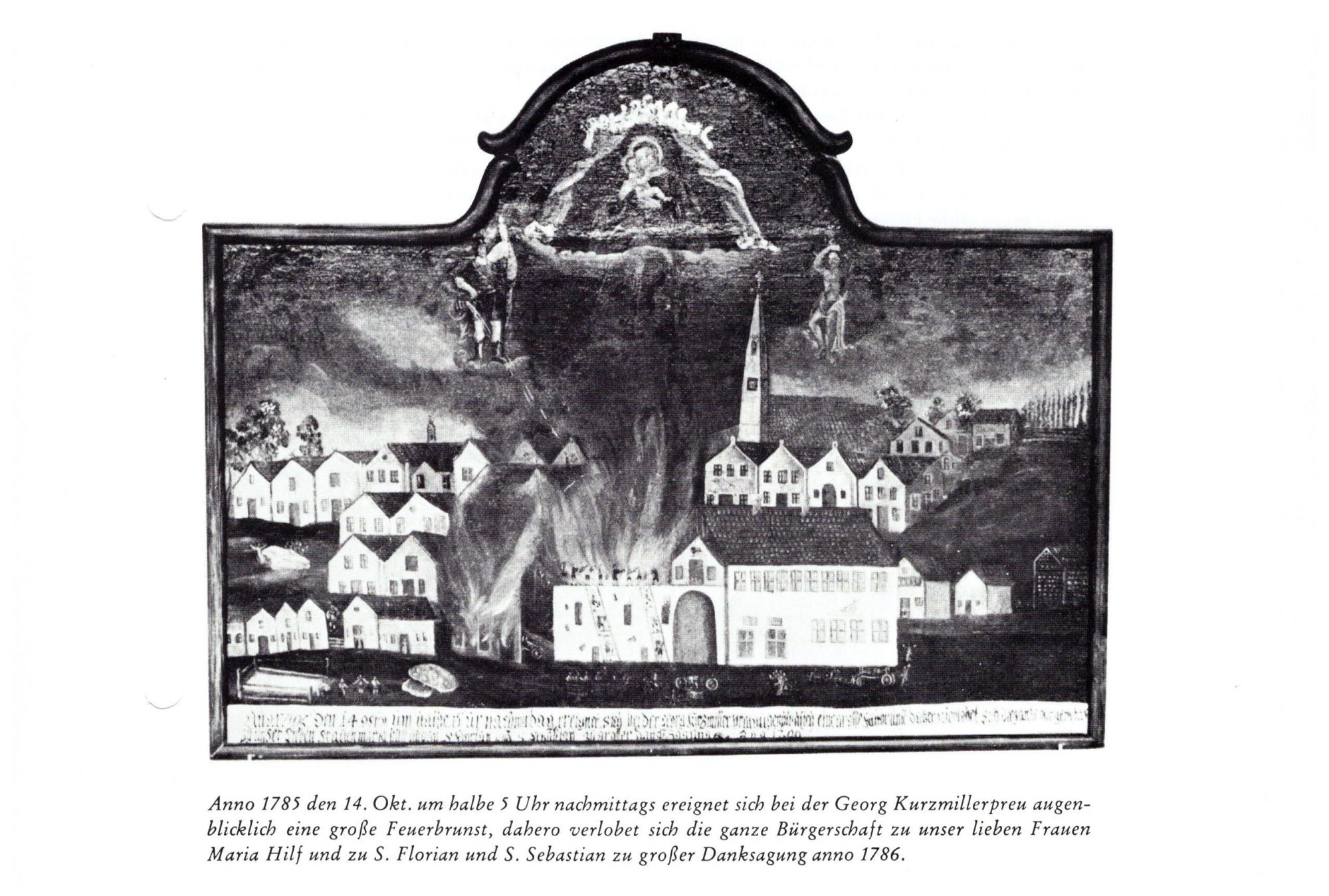Votivbild zum Brand von 1785 beim Kurzmiller Bräu. aus: 1200-Jahr-Festschrift, S. 107