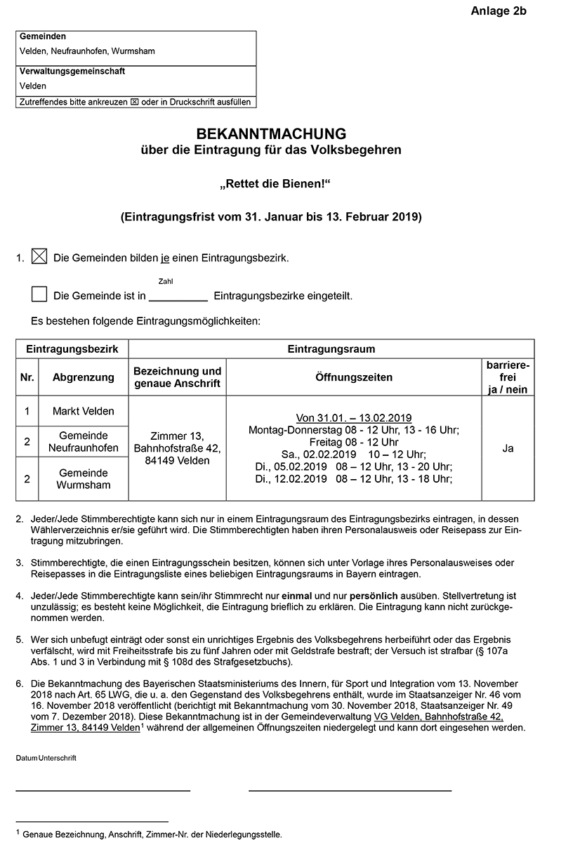 Bekanntmachung über die Eintragung zum Volksbegehren "Rettet die Bienen", 2019